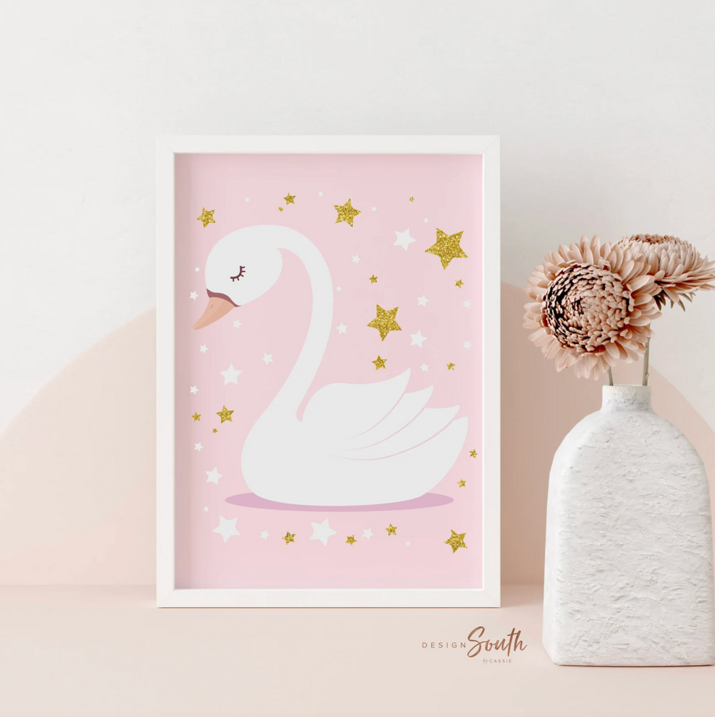 Swan nursery, baby shower gift, pink and gold nursery, baby girl wall art, nursery decor, swan princess, pink swan, pink and gold swan art
