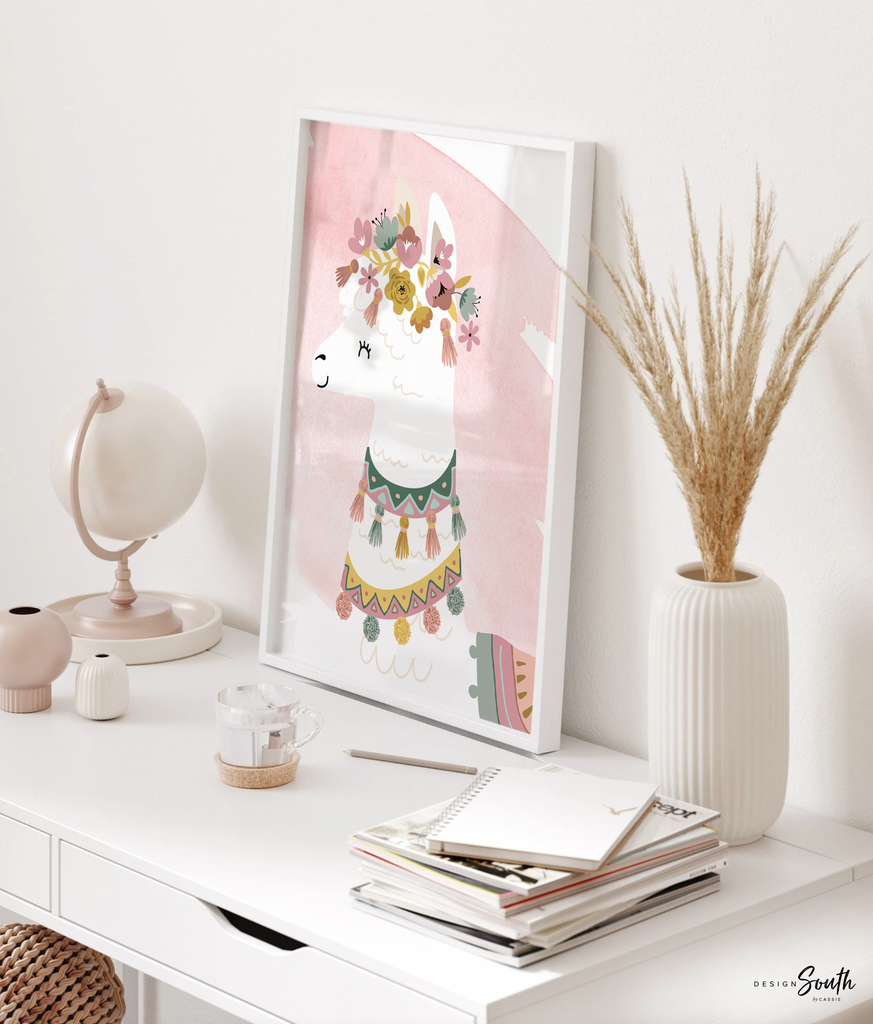 Pink watercolor boho nursery decor, boho nursery wall art idea, print set llama mauve pink succulents, llama themed baby room, wall decor girl bedroom llama