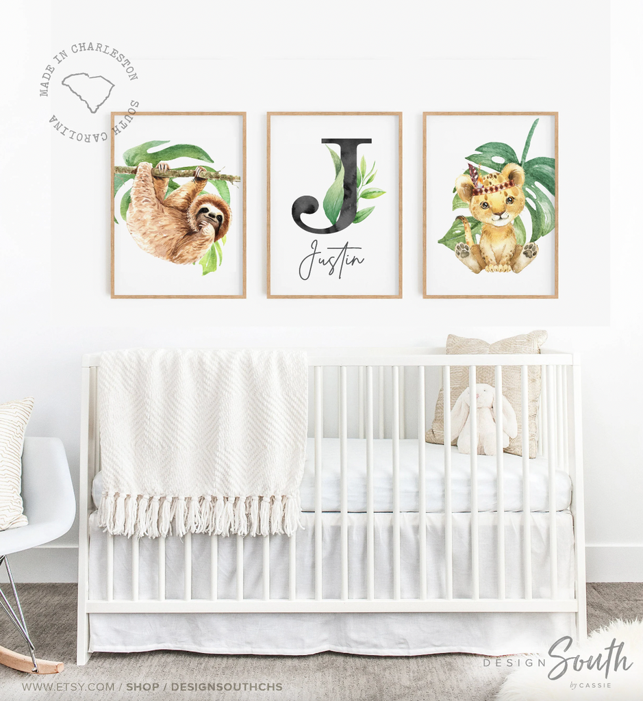 Sloth bedroom wall pictures, nursery decor tropical gender neutral, kid room animals palm leaves, monogram personalized name decor, kid gift
