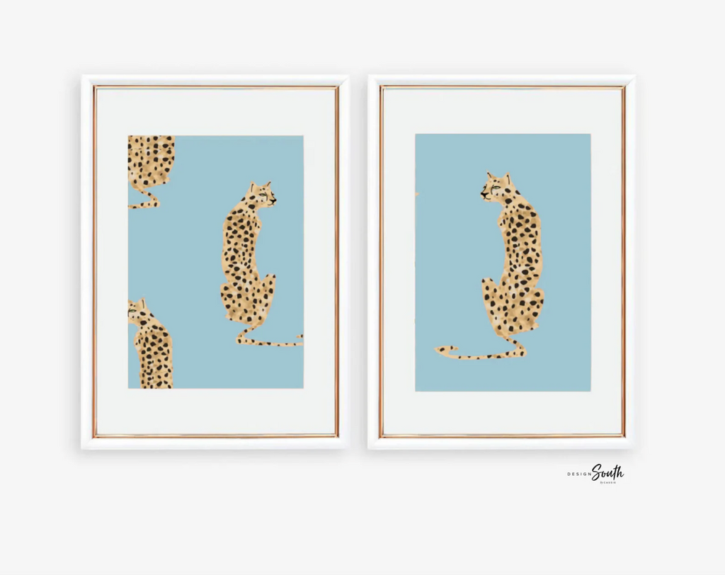 Blue leopard cheetah prints, blue jungle cheetah, boy safari nursery art personalized, unisex cheetah art, boho jungle blue vintage art