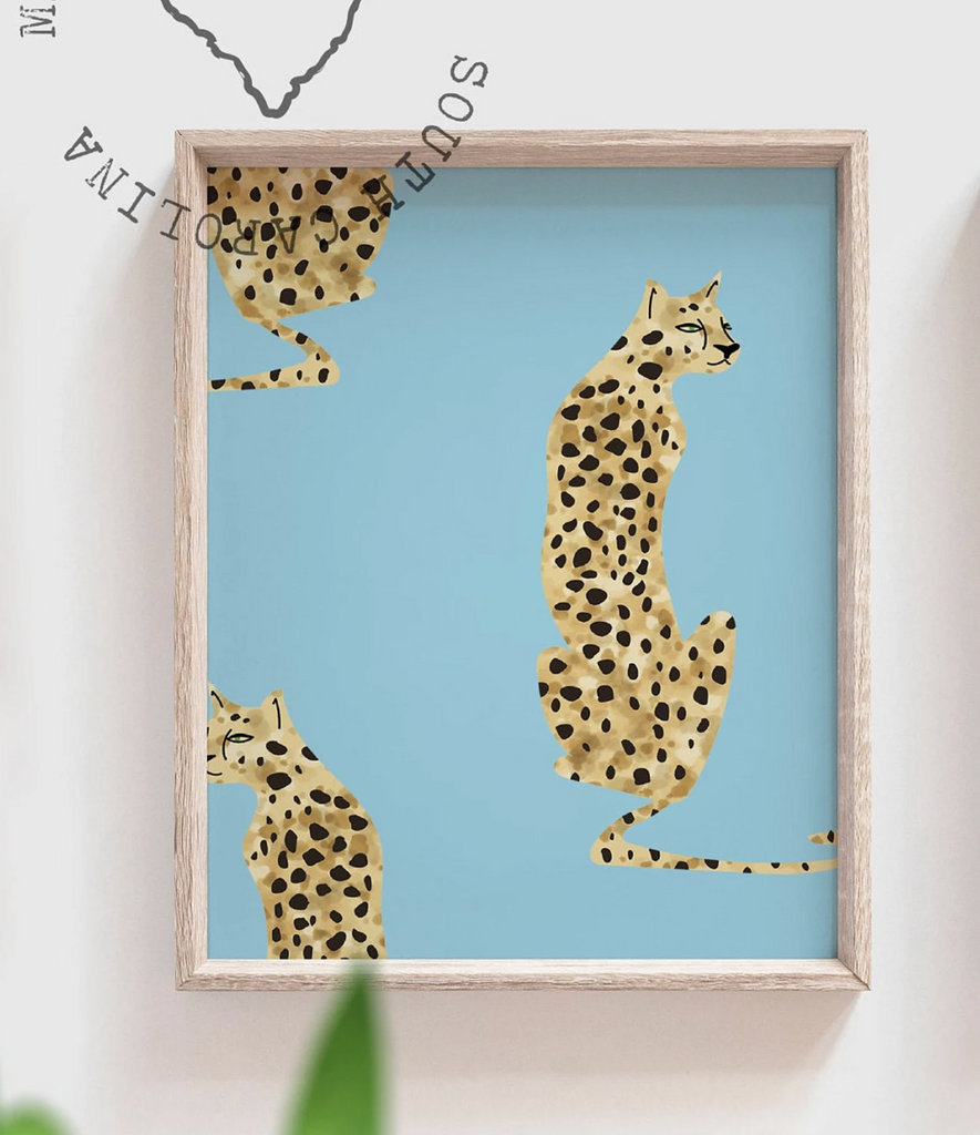 Blue leopard cheetah prints, blue jungle cheetah, boy safari nursery art personalized, unisex cheetah art, boho jungle blue vintage art