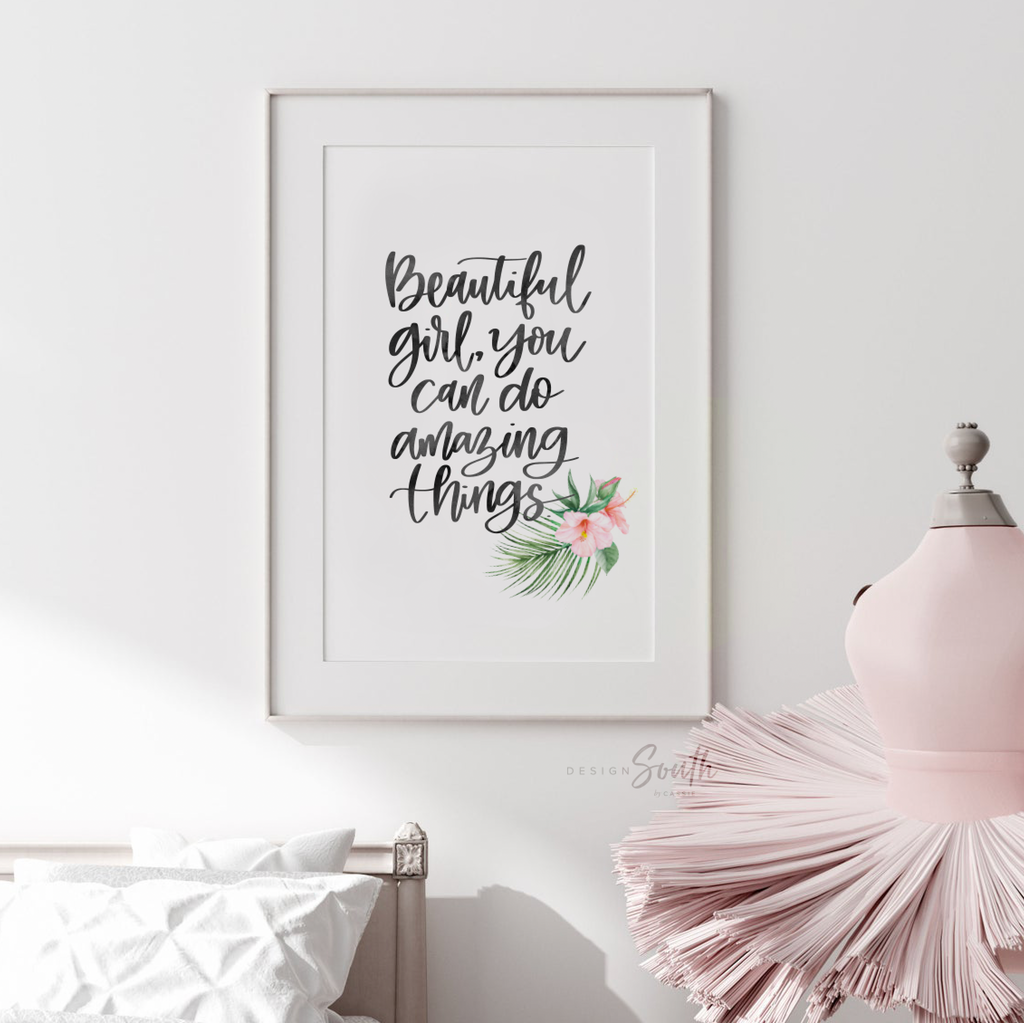 Pink and coral tropical nursery, baby girl tropical flowers nursery, coral and pink baby name and quote, little girl tropical playroom idea