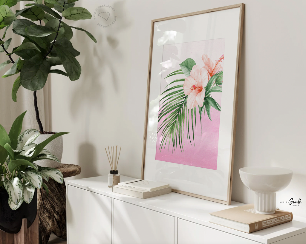 Pink and coral tropical nursery, baby girl tropical flowers nursery, coral and pink baby name and quote, little girl tropical playroom idea