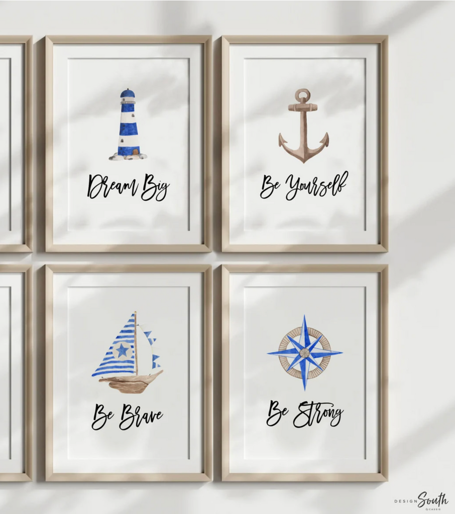 Blue nautical boys room art, anchor ship wheel sailboat collection nautical wall prints, nautical nursery art, ocean theme wall art, sea baby art