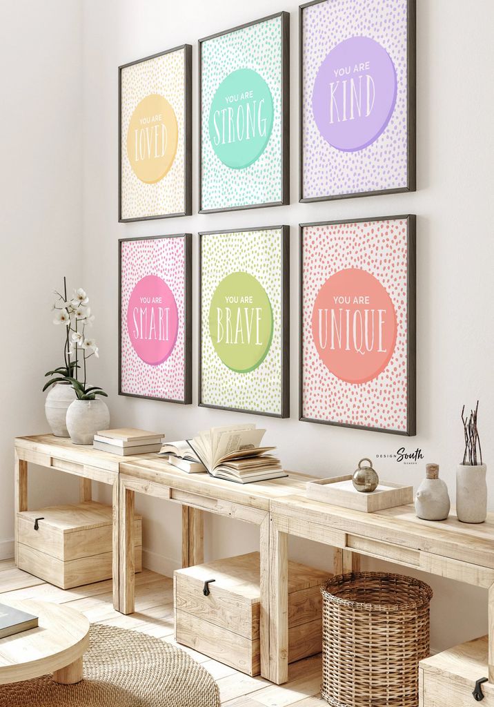 Playroom decor rainbow colors, pastel positive affirmation kids wall art print set, children playroom wall decor, boy girl bedroom playroom nursery room decor, positive art kids brave smart strong kind unique loved