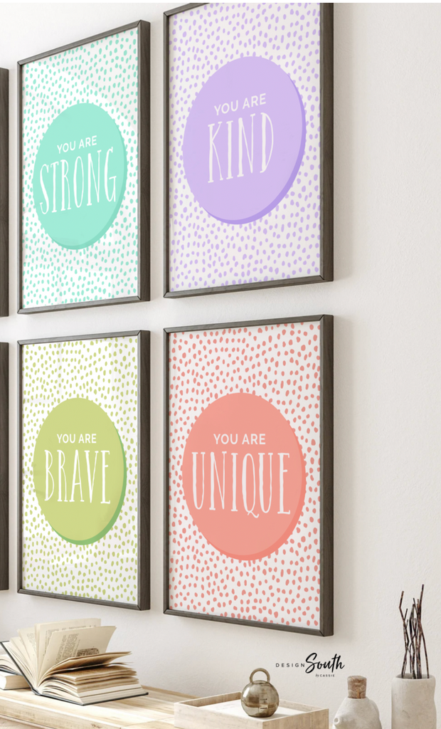 Playroom decor rainbow colors, pastel positive affirmation kids wall art print set, children playroom wall decor, boy girl bedroom playroom nursery room decor, positive art kids brave smart strong kind unique loved