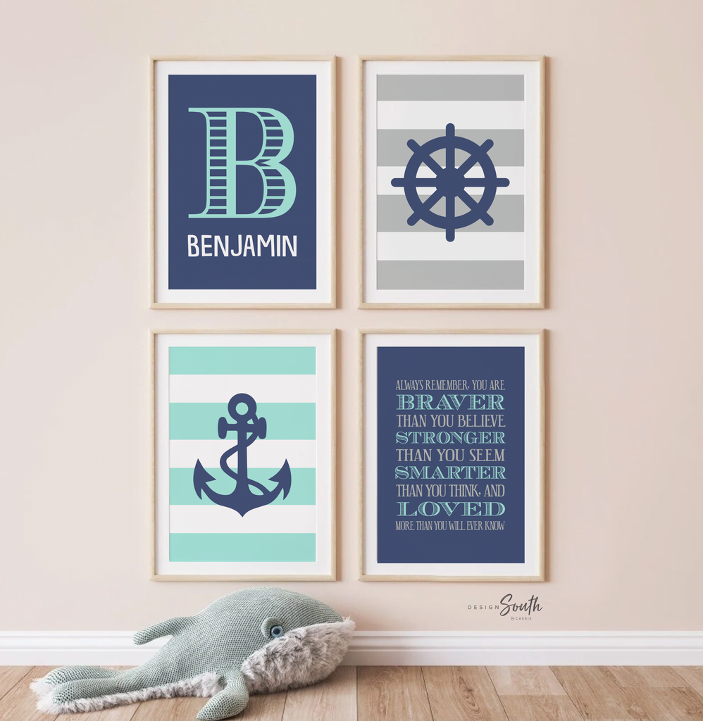 Boys nautical nursery decor, nautical nursery gray navy and aqua, boys nautical wall art, aqua and navy nautical nursery, baby boy nautical