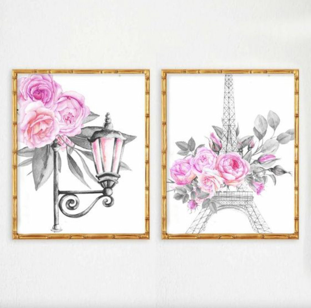 Pink paris themed girls room, hot pink eiffel tower parisian little girl decor, girl personalized name floral roses, elegant nursery decor