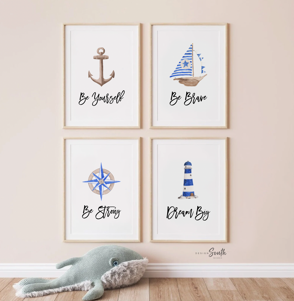 Nautical boys room art, anchor ship wheel sailboat collection nautical wall prints, nautical nursery art, ocean theme wall art, sea baby art
