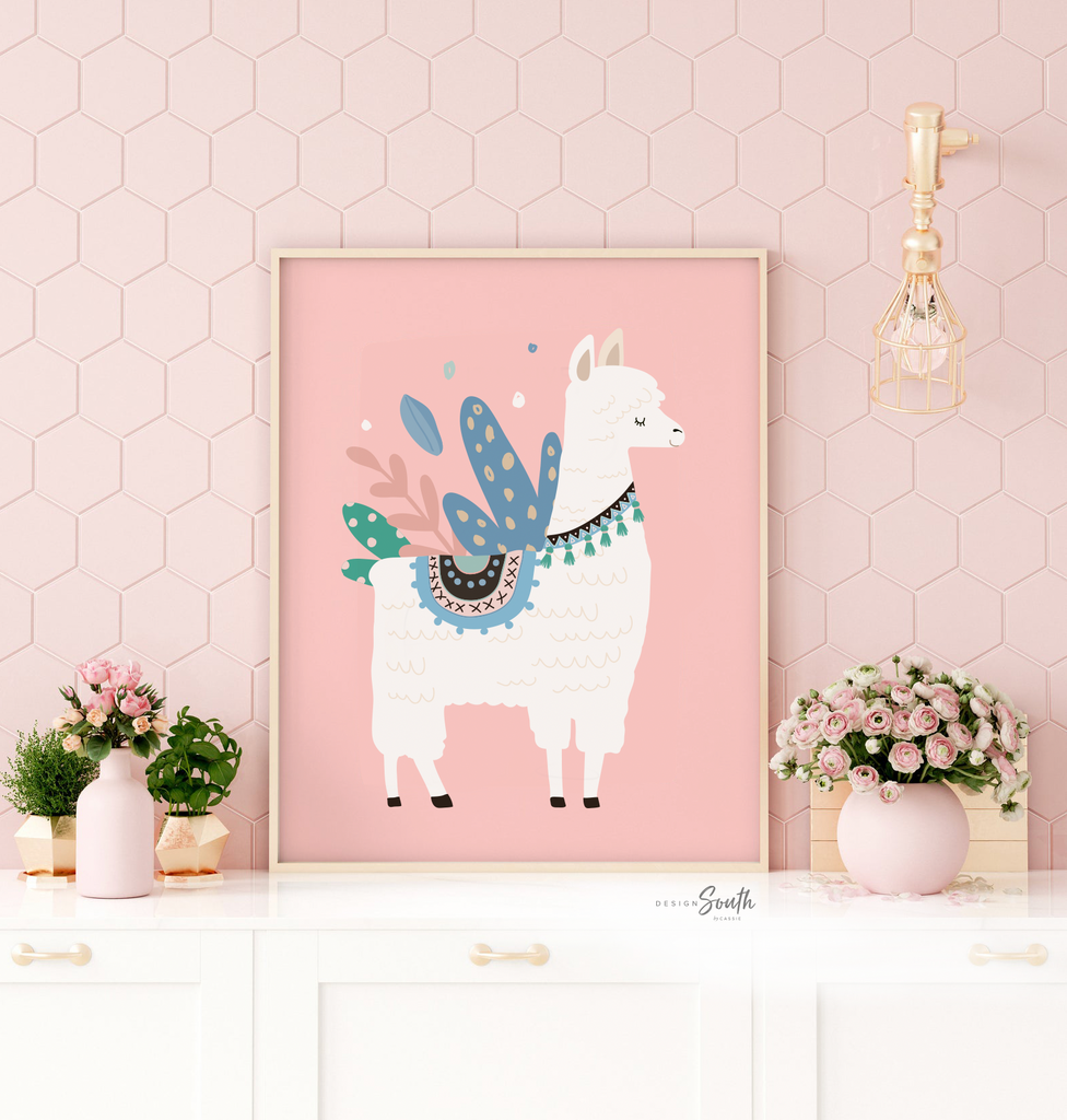 Pink aqua teal colored girl's room art, llama themed girl's name sign, cactus succulents themed room, pink mint colors kid art, llama pink