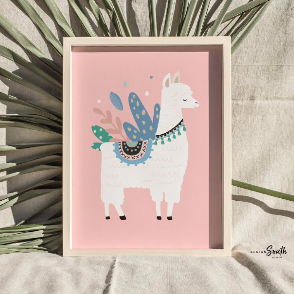 Pink aqua teal colored girl's room art, llama themed girl's name sign, cactus succulents themed room, pink mint colors kid art, llama pink