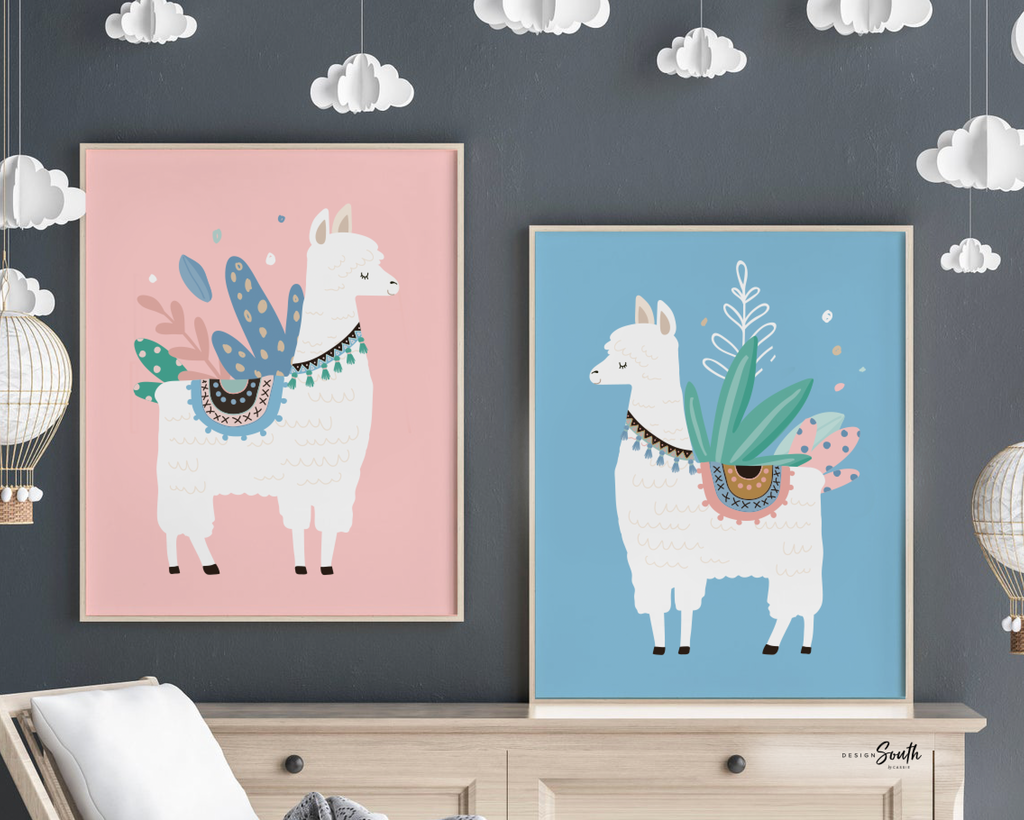 Llama bathroom, alpaca llama cactus childish cute set, llama themed bathroom wall art prints decorations, set of 3 llamas for kid's bathroom