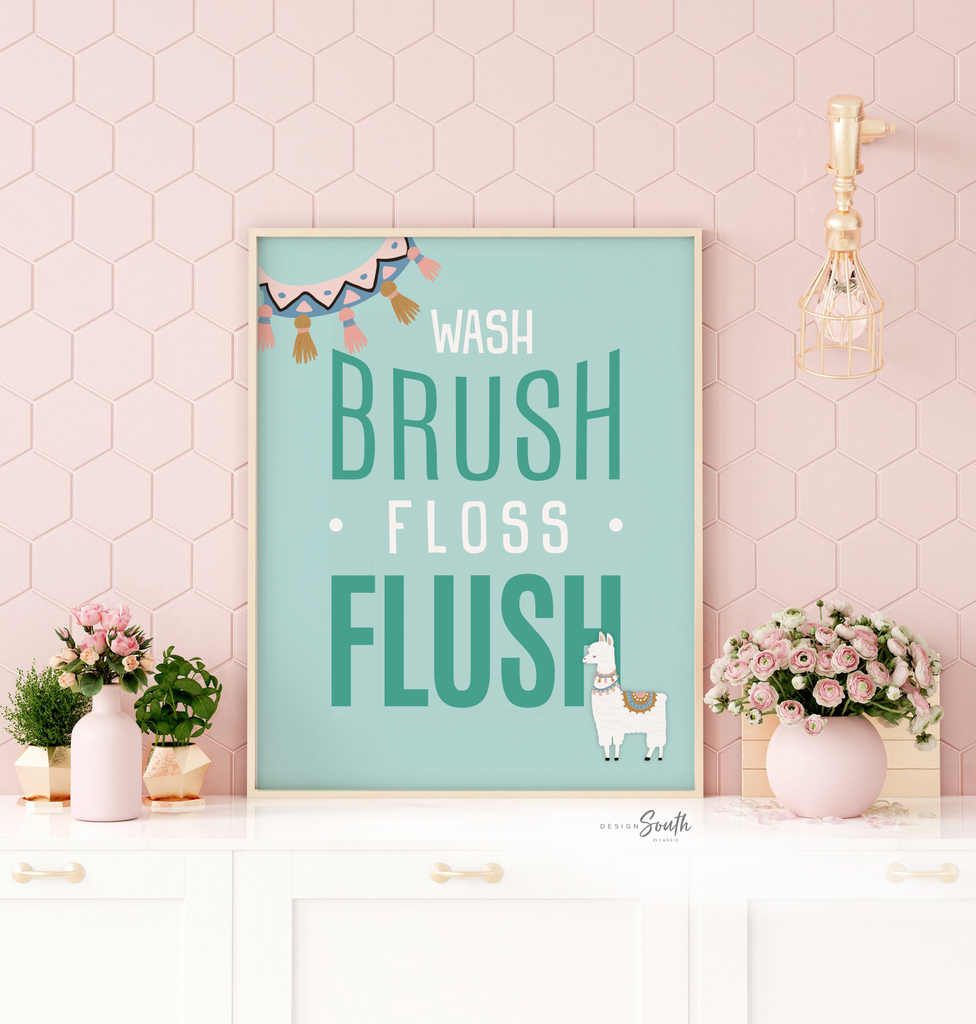 Llama bathroom, alpaca llama cactus childish cute set, llama themed bathroom wall art prints decorations, set of 3 llamas for kid's bathroom