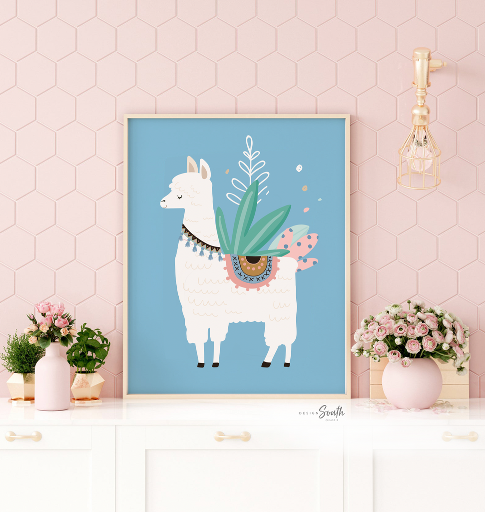 Llama bathroom, alpaca llama cactus childish cute set, llama themed bathroom wall art prints decorations, set of 3 llamas for kid's bathroom