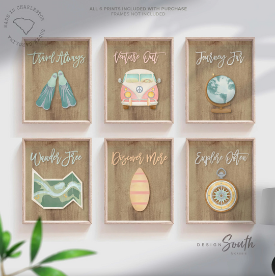 Travel nursery art, surf beach Vw van bus compass globe map art print collection set, travel nursery decor, surf beach baby room wall decor – unframed wall art print for kids room or nursery.