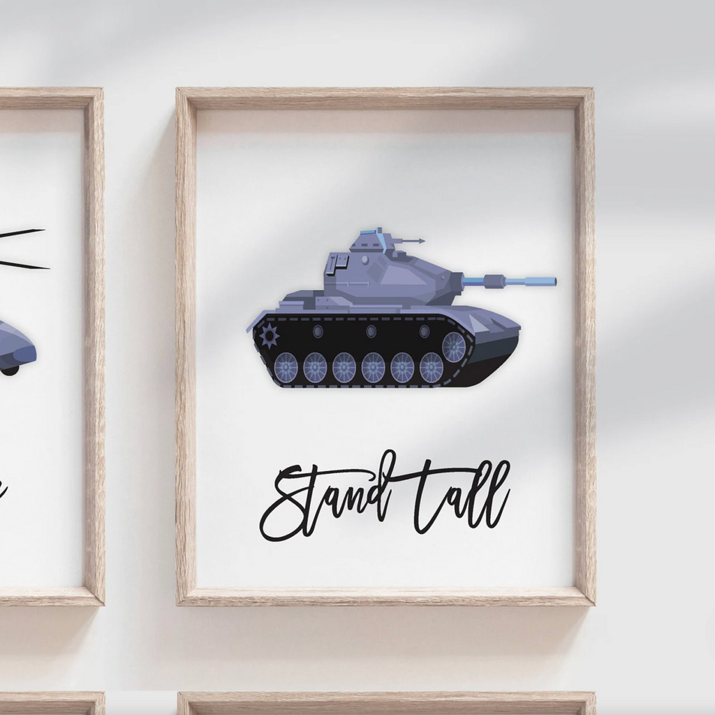Army themed transportation vehicles boys wall art set, soldier military tank truck helicopter, boys bedroom wall art print decor army marine troop, playroom army