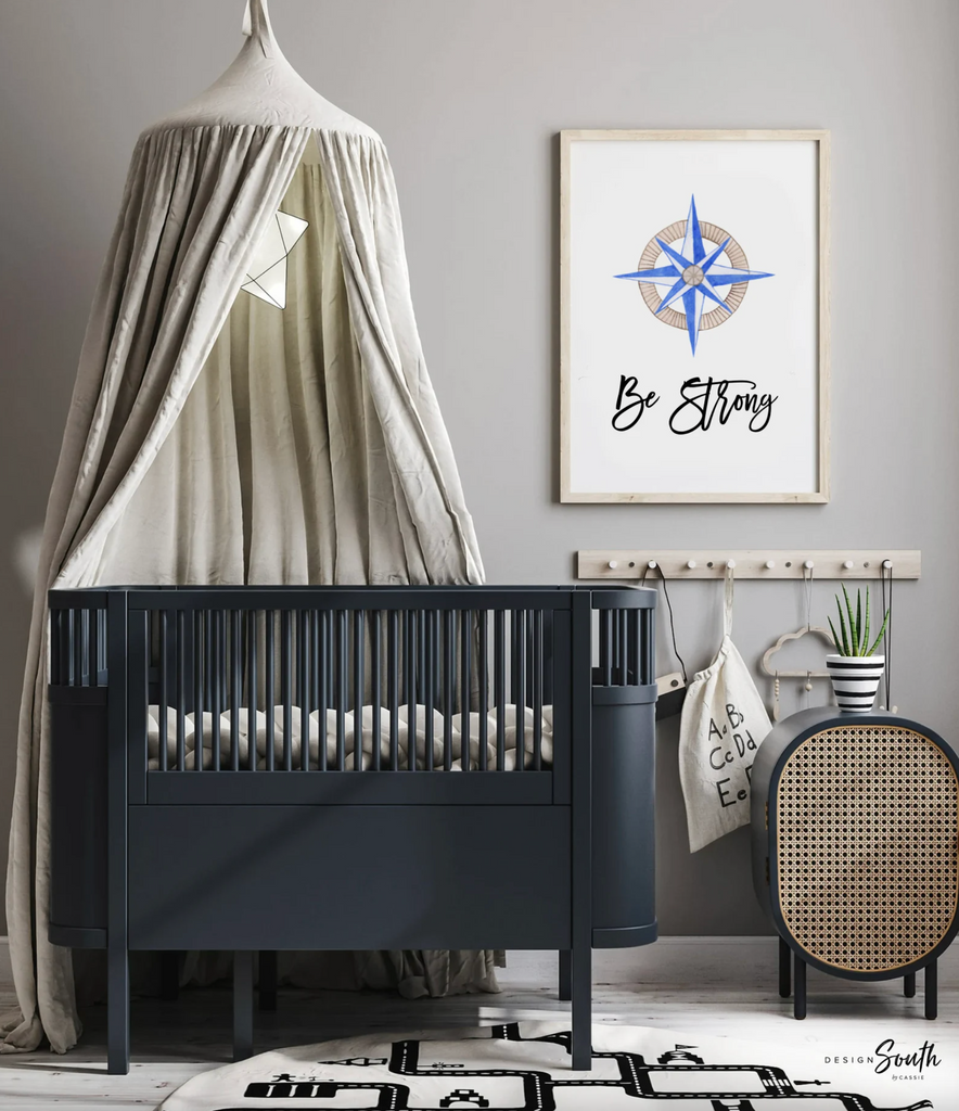 Baby nautical nursery decor, baby nautical gift, blue boy nautical room decor, compass sailboat wooden ship wheel baby room art, sailing art