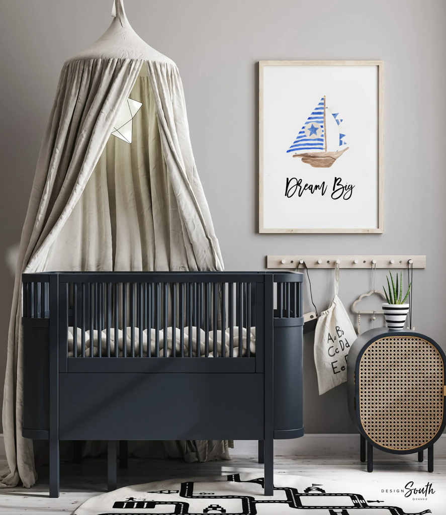 Baby nautical nursery decor, baby nautical gift, blue boy nautical room decor, compass sailboat wooden ship wheel baby room art, sailing art