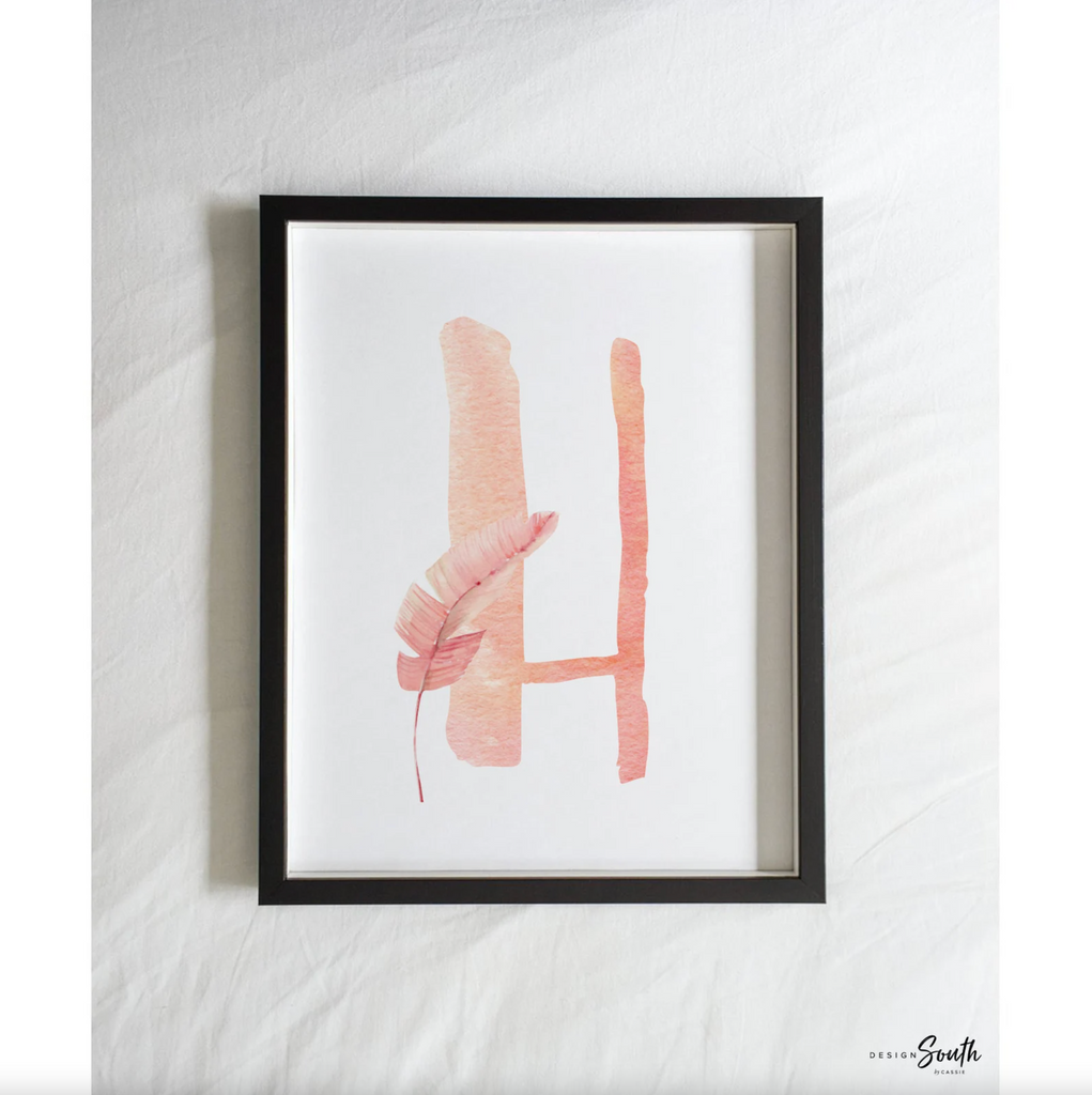 Light pink and green tropical baby, blush peach tropical nursery, beach plants pink initial baby art, newborn nature themed nursery prints