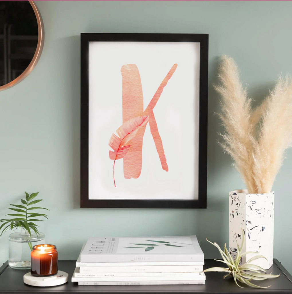 Light pink and green tropical baby, blush peach tropical nursery, beach plants pink initial baby art, newborn nature themed nursery prints