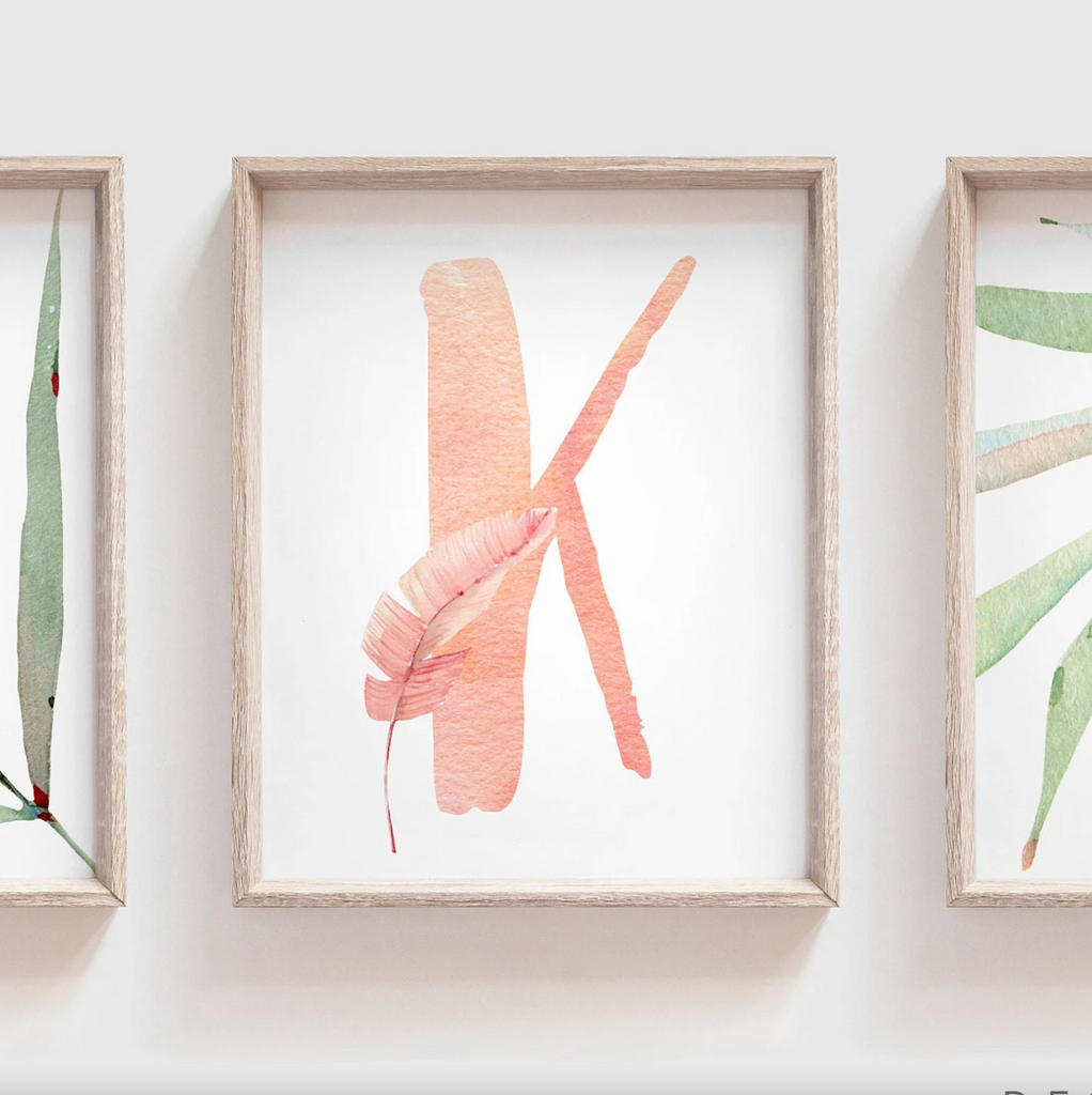 Light pink and green tropical baby, blush peach tropical nursery, beach plants pink initial baby art, newborn nature themed nursery prints