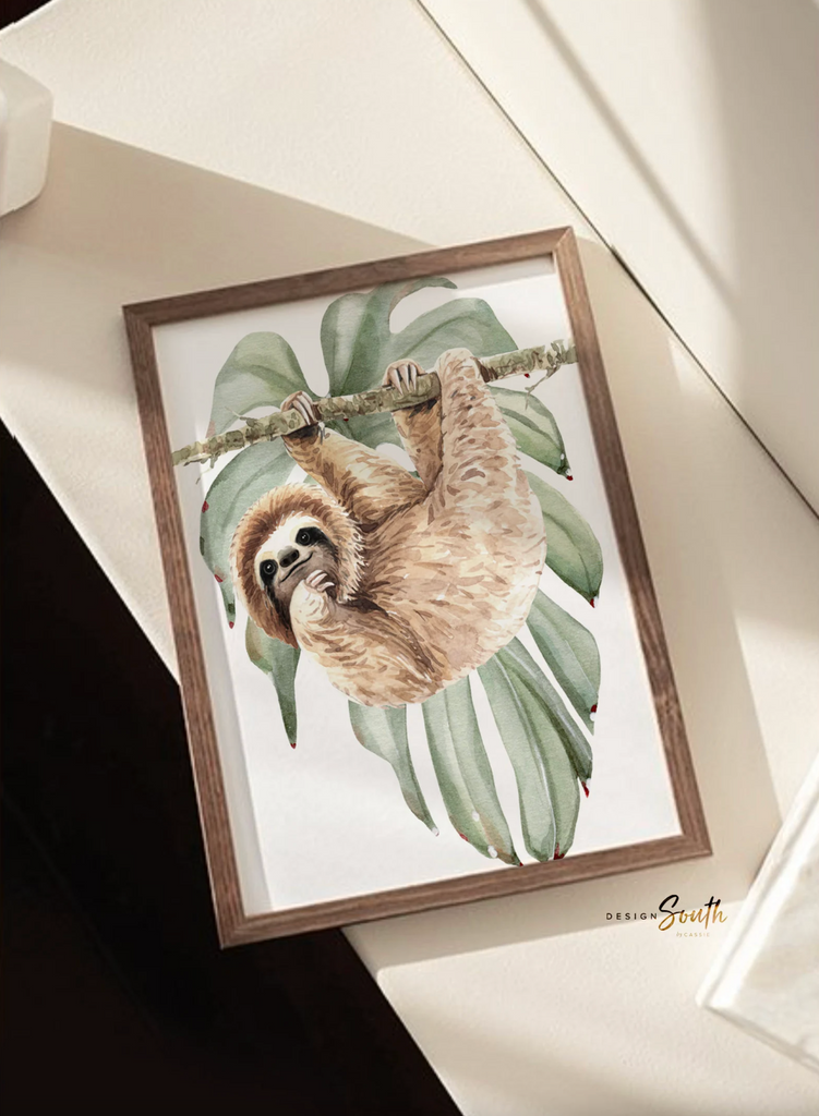 Sloth wall art set, sloth themed baby nursery, sloth nursery ideas, sloth tropical rainforest room decor, neutral sloth green gray newborn