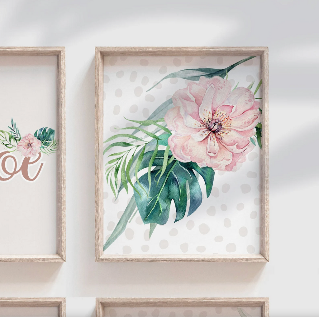 Safari girl room, jungle animals with pink flowers toddler girl art, palm nursery art, personalized name with animals prints, pink green art