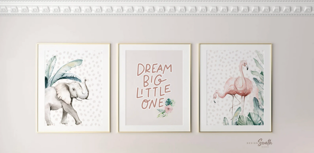 Tropical safari collection art set, pink tropical leaf nursery decor, safari baby girl animal art, dream big little one safari gift prints