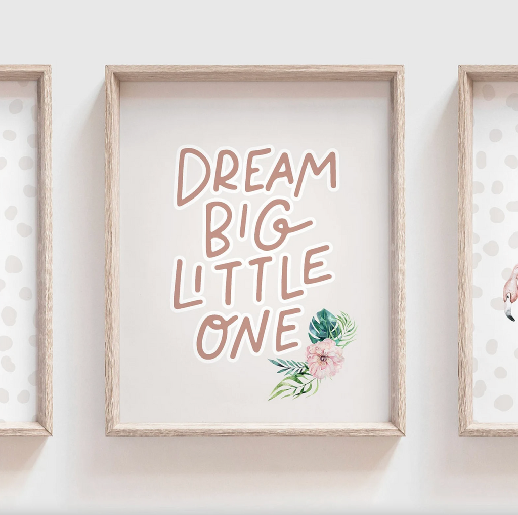 Tropical safari collection art set, pink tropical leaf nursery decor, safari baby girl animal art, dream big little one safari gift prints