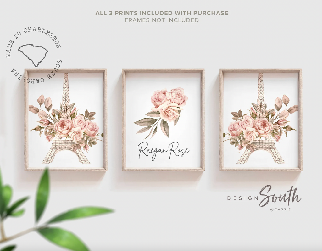 Paris girl room, elegant eiffel tower art, floral french rose flower prints, baby girl nursery paris themed, baby shower paris themed gift