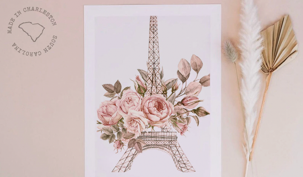 Paris girl room, elegant eiffel tower art, floral french rose flower prints, baby girl nursery paris themed, baby shower paris themed gift
