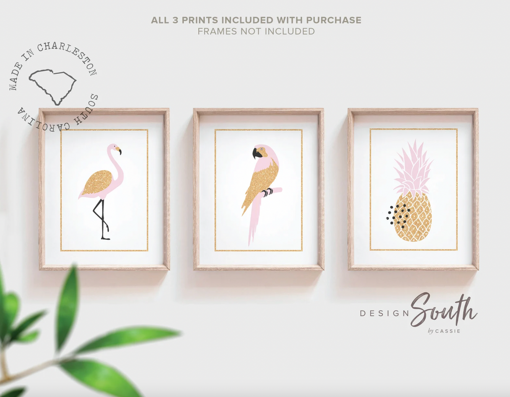 Pink flamingo girl art, flamingo gift for girl, tropical nursery theme decor, pink gold nursery art, flamingo pineapple art print set of 3
