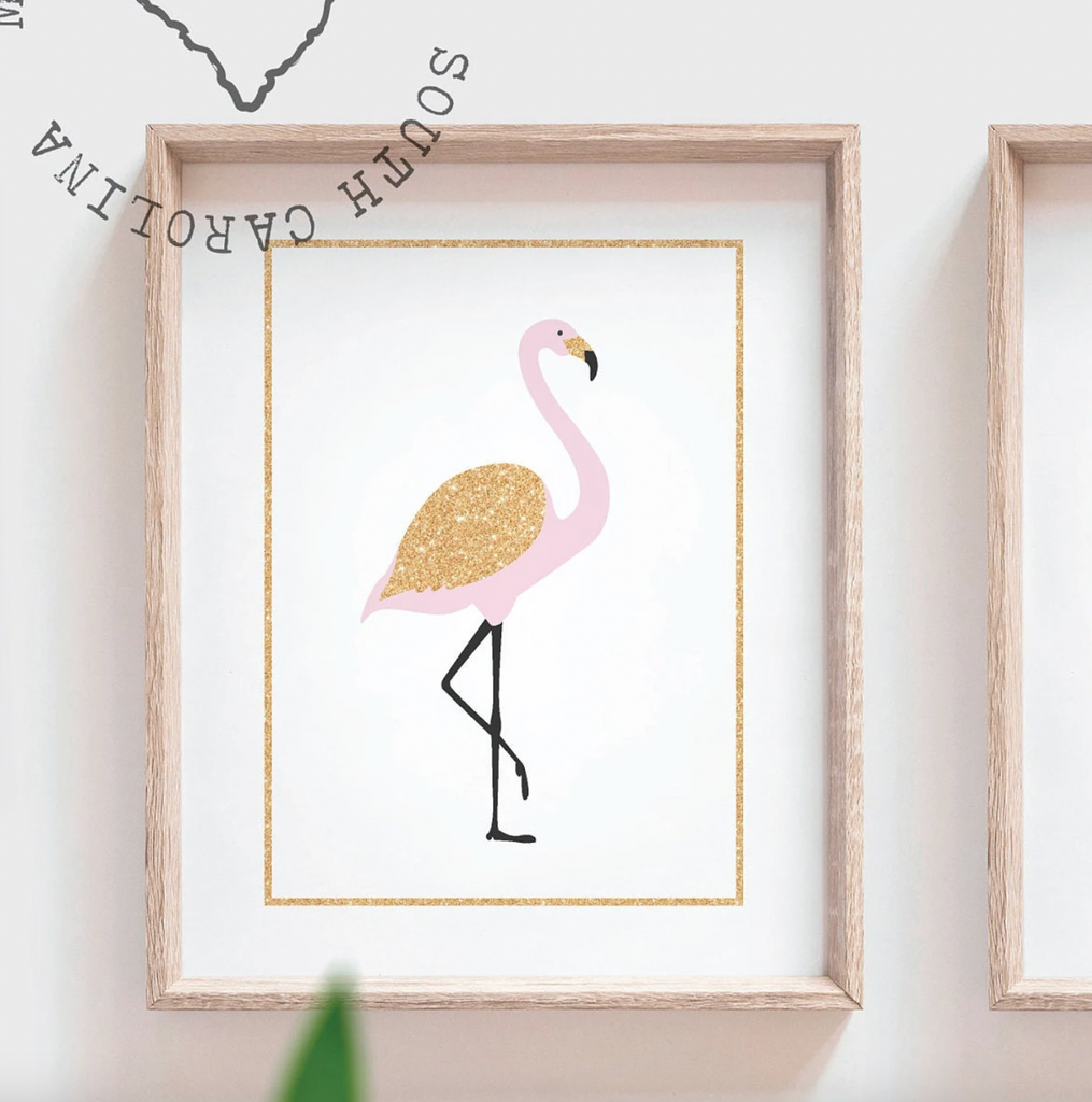 Pink flamingo girl art, flamingo gift for girl, tropical nursery theme decor, pink gold nursery art, flamingo pineapple art print set of 3
