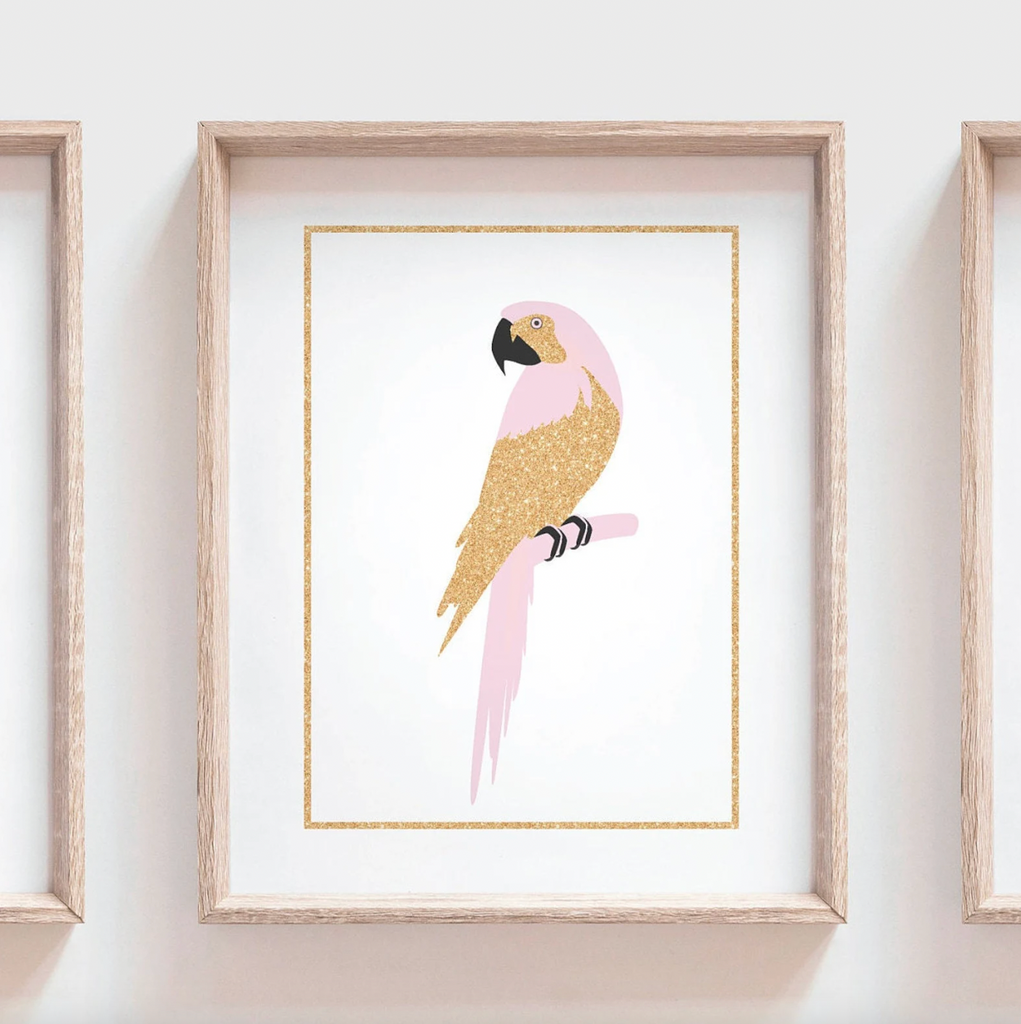 Pink flamingo girl art, flamingo gift for girl, tropical nursery theme decor, pink gold nursery art, flamingo pineapple art print set of 3