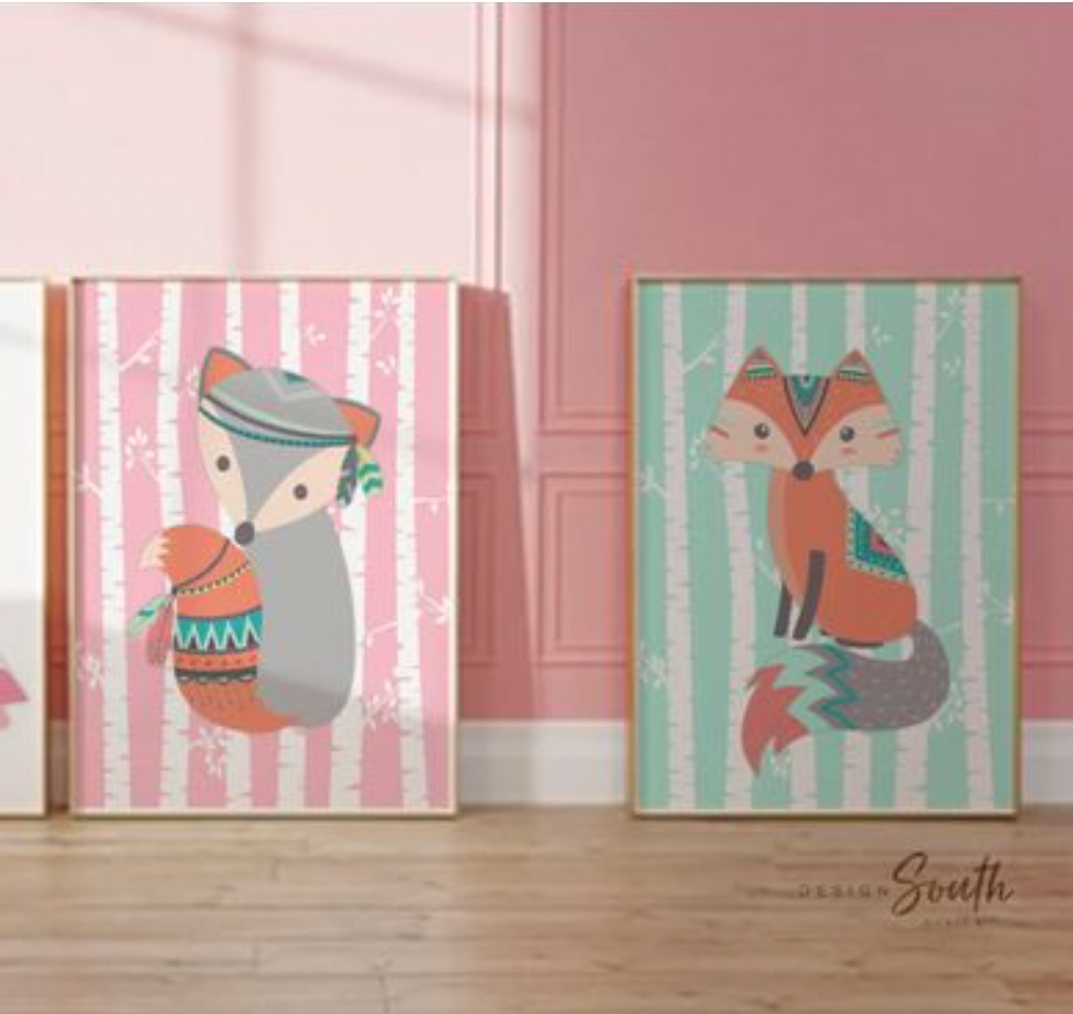 Baby girl mountain nursery decor, woodland pink fox girl, pink and gray fox art, woodland nursery girl, pink fox, pink coral mint woodland