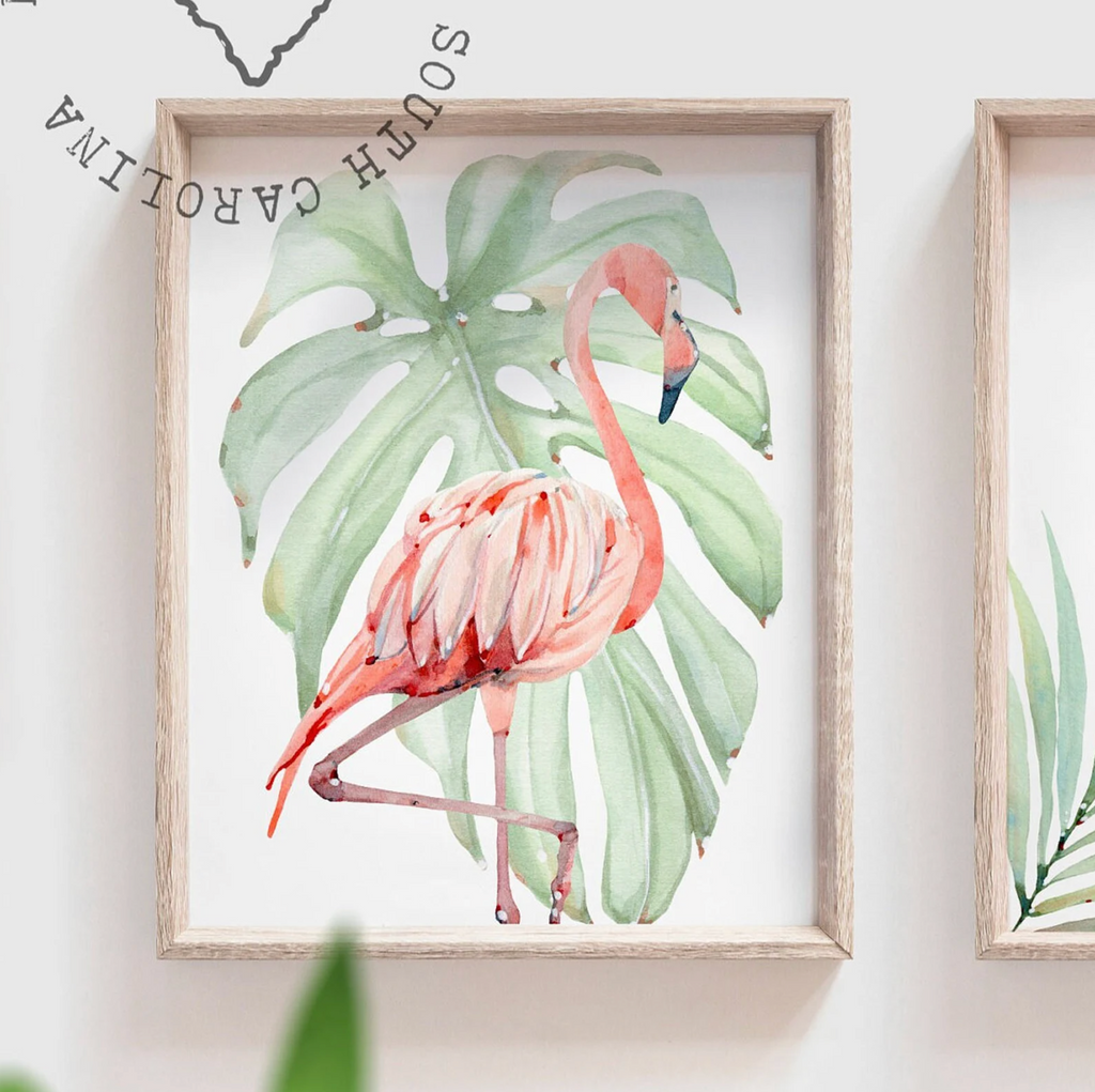 Flamingo print art set, above crib tropical wall, flamingo nursery decor, baby room decor, newborn flamingo nursery pink and green