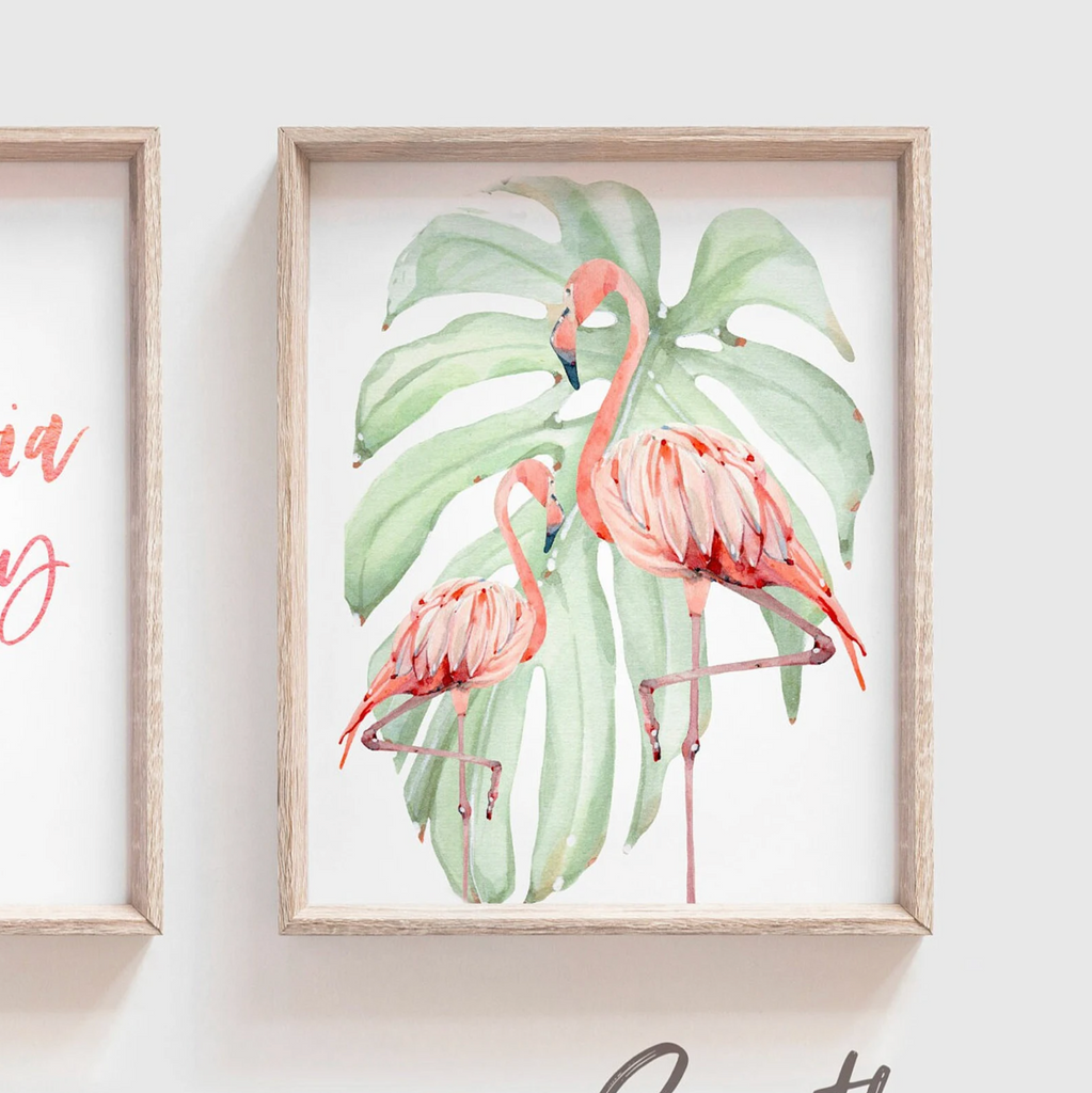 Flamingo print art set, above crib tropical wall, flamingo nursery decor, baby room decor, newborn flamingo nursery pink and green
