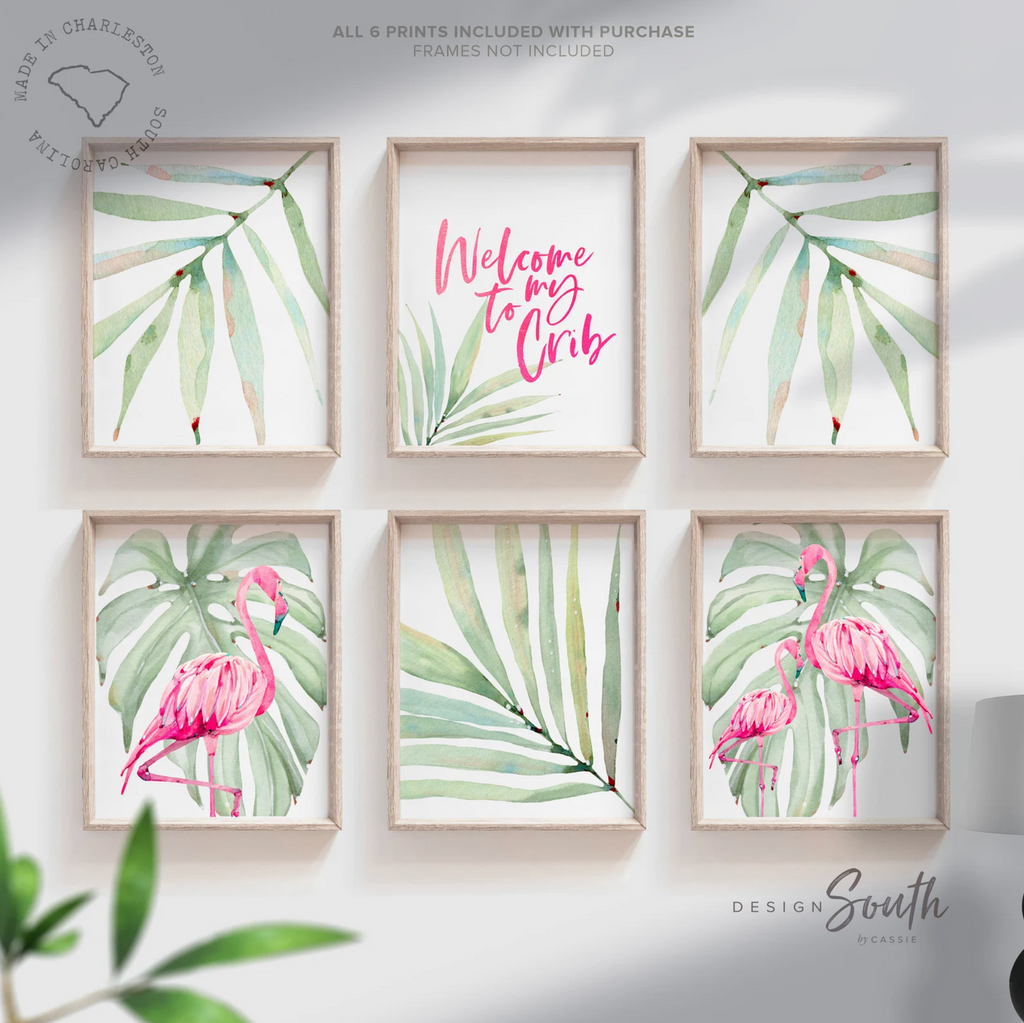 Girls nursery decor, tropical leaf flamingo decor, girls nursery tropical theme, girls bedroom theme, pink tropics nursery flamingo baby art