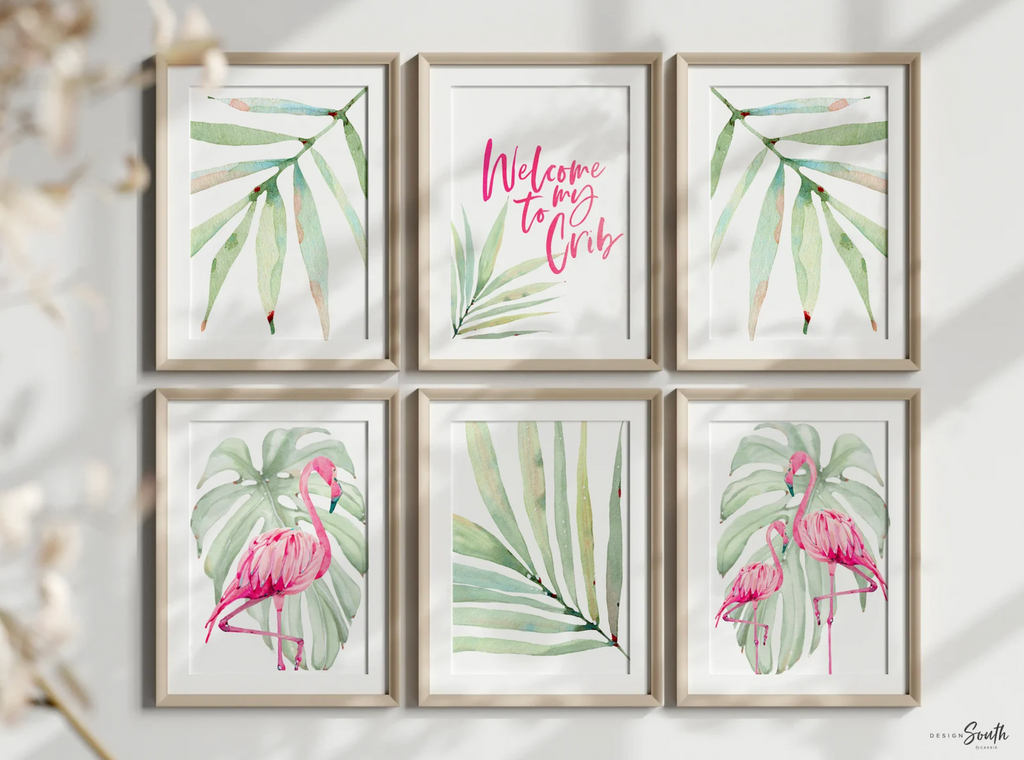 Girls nursery decor, tropical leaf flamingo decor, girls nursery tropical theme, girls bedroom theme, pink tropics nursery flamingo baby art