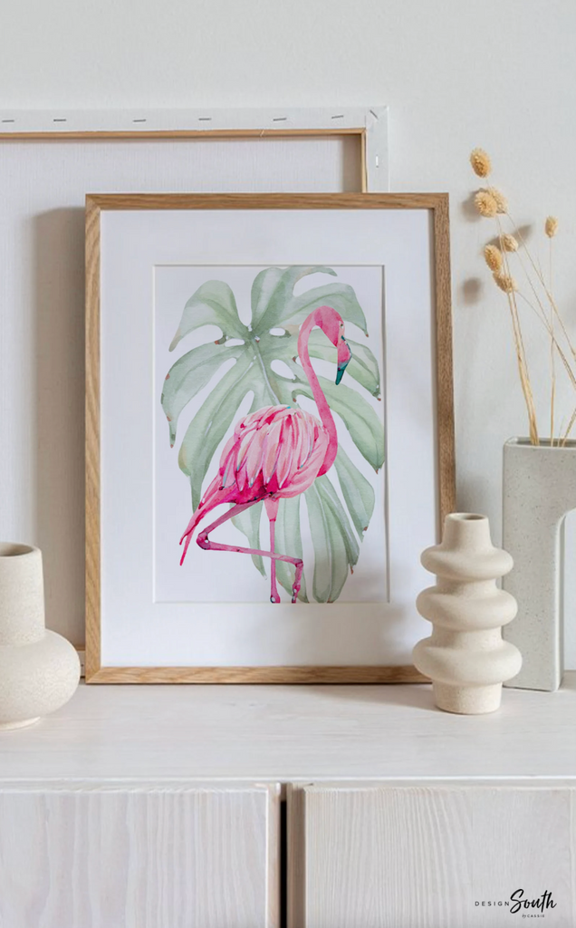 Girls nursery decor, tropical leaf flamingo decor, girls nursery tropical theme, girls bedroom theme, pink tropics nursery flamingo baby art