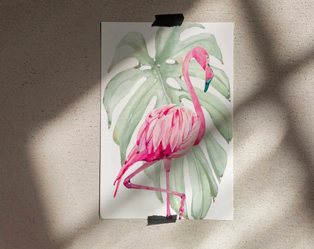 Girls nursery decor, tropical leaf flamingo decor, girls nursery tropical theme, girls bedroom theme, pink tropics nursery flamingo baby art