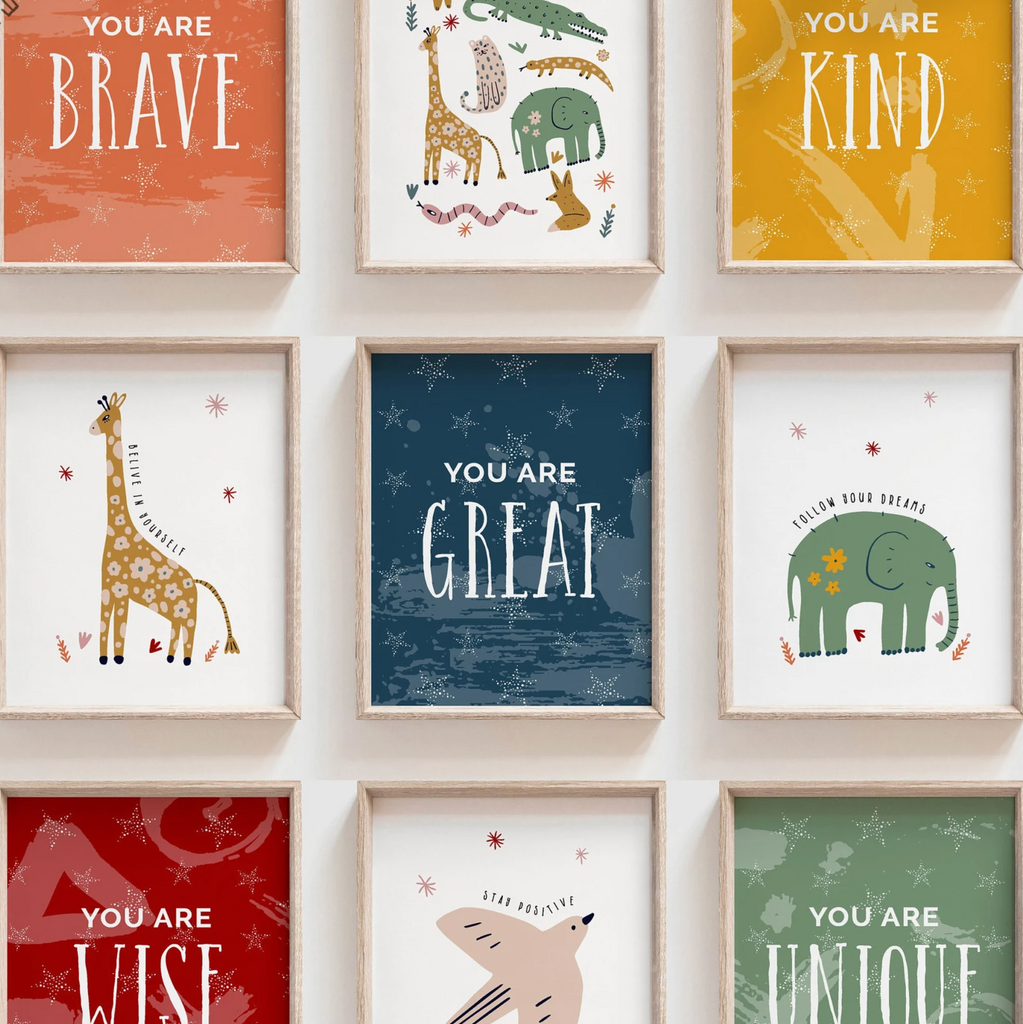 Children gallery wall inspiring, modern boho safari animal themed room decor, you are affirmations art, baby room modern boho kid print set