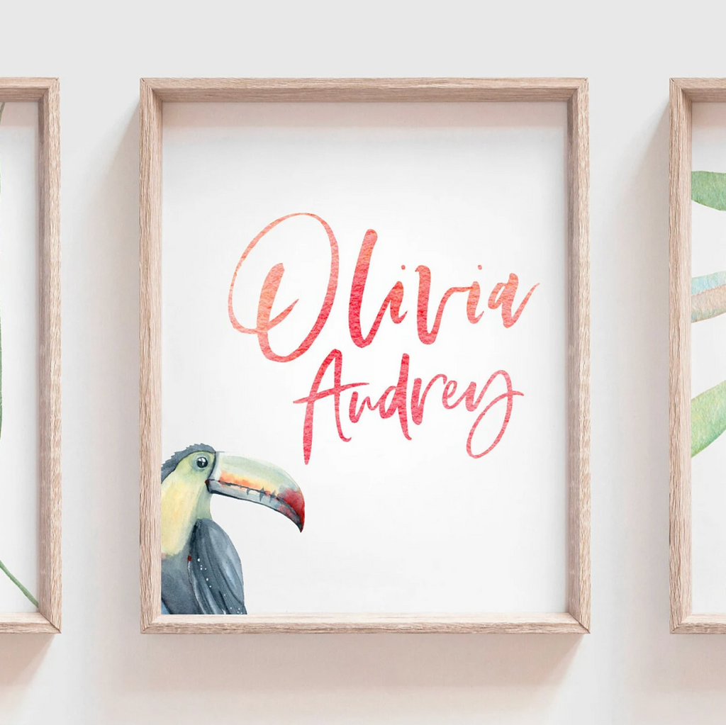 Toucan print art set, above crib tropical wall, tropical nursery decor, baby room decor, newborn nursery pink and green tropical themed art
