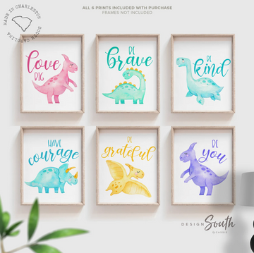 Toddler room dinosaur wall art, kids playroom wall ideas, pink blue green yellow children art, dinosaur nursery bedroom or playroom wall art