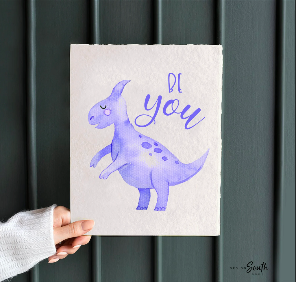 Toddler room dinosaur wall art, kids playroom wall ideas, pink blue green yellow children art, dinosaur nursery bedroom or playroom wall art