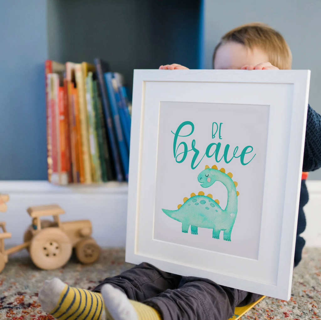 Toddler room dinosaur wall art, kids playroom wall ideas, pink blue green yellow children art, dinosaur nursery bedroom or playroom wall art