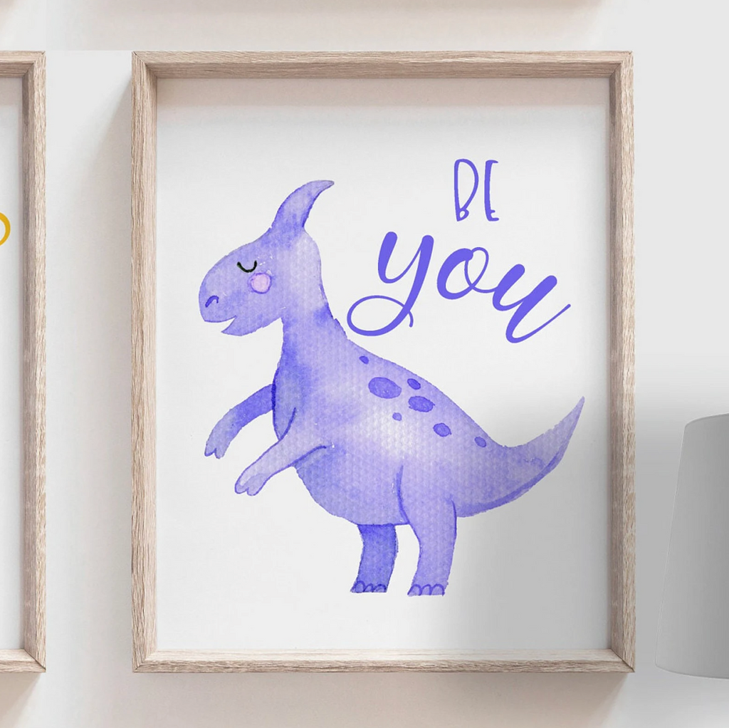 Toddler room dinosaur wall art, kids playroom wall ideas, pink blue green yellow children art, dinosaur nursery bedroom or playroom wall art
