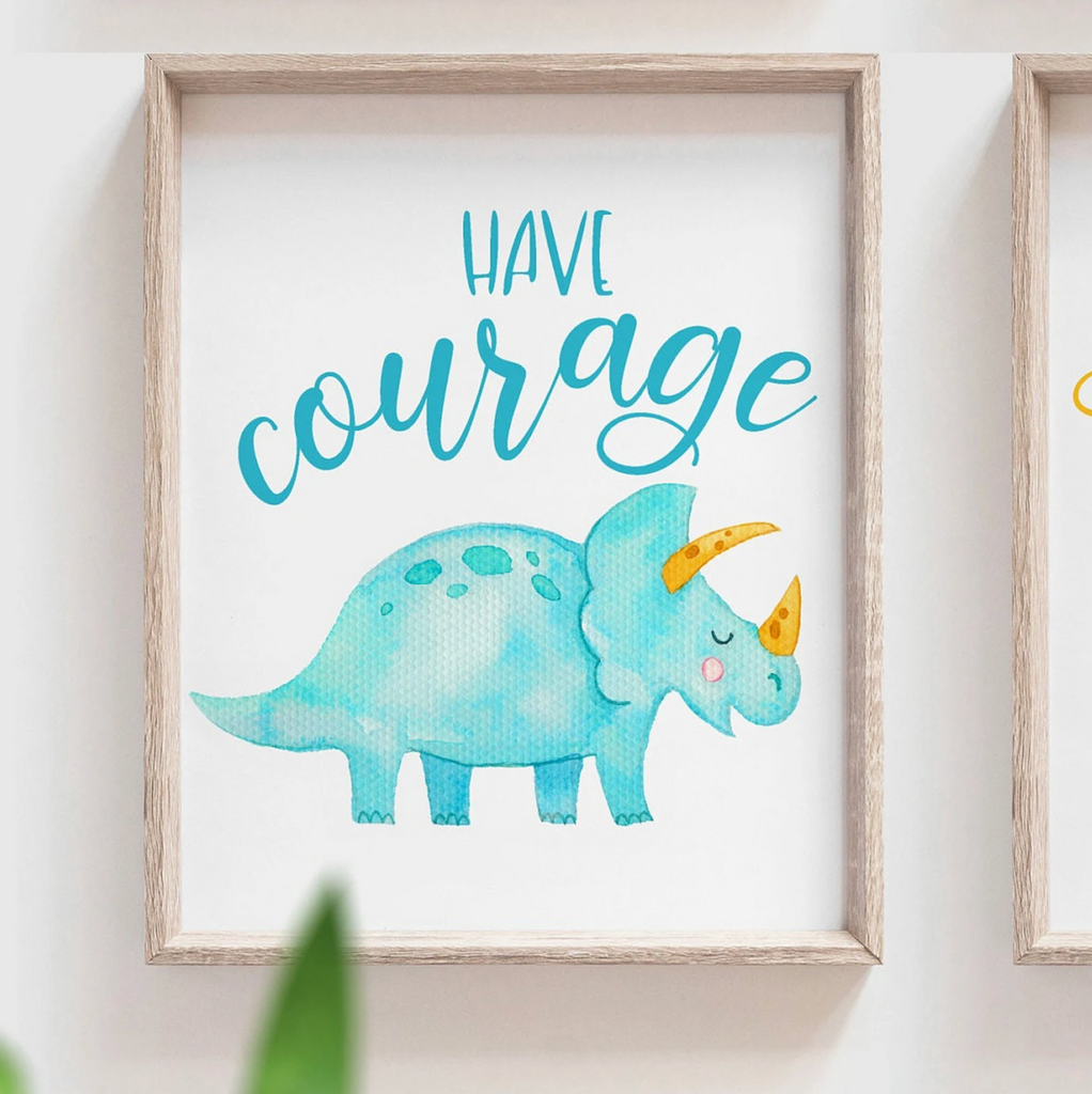 Toddler room dinosaur wall art, kids playroom wall ideas, pink blue green yellow children art, dinosaur nursery bedroom or playroom wall art