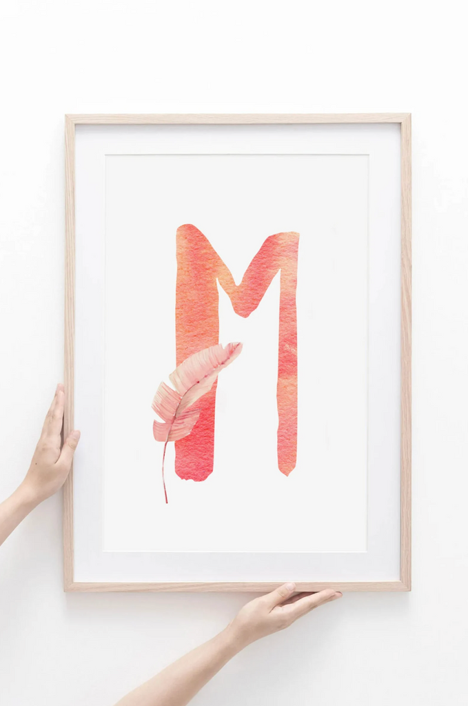 Tropical palm leaf baby pink green girls nursery art, girl pink flamingo art, baby girl name and quote, girl baby flamingo wall art tropical