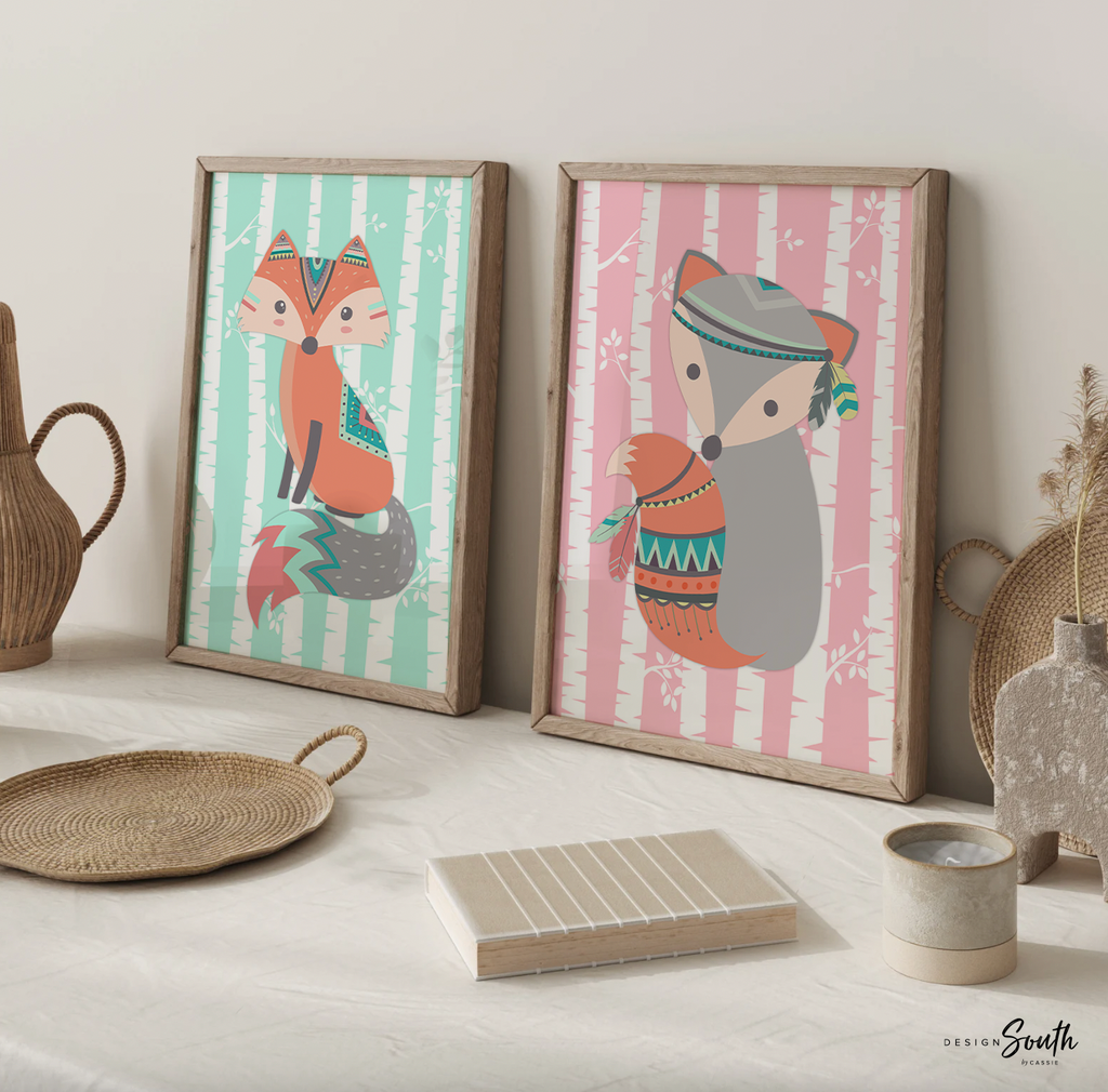 Baby girl mountain nursery decor, woodland pink fox girl, pink and gray fox art, woodland nursery girl, pink fox, pink coral mint woodland